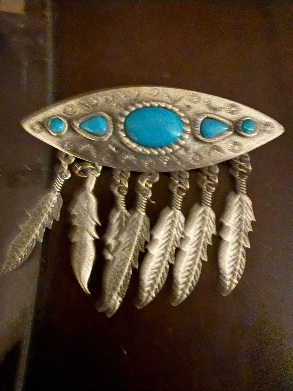 Vintage JJ SouthwesternTurquoise Blue PewterCabochon Feather Brooch